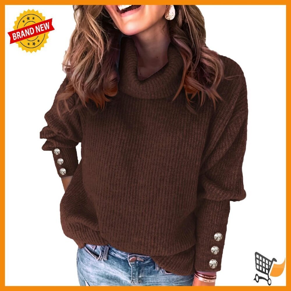 Cozy Ribbed Turtleneck Sweater Loose Fit Button Sleeves Dressy Pullover